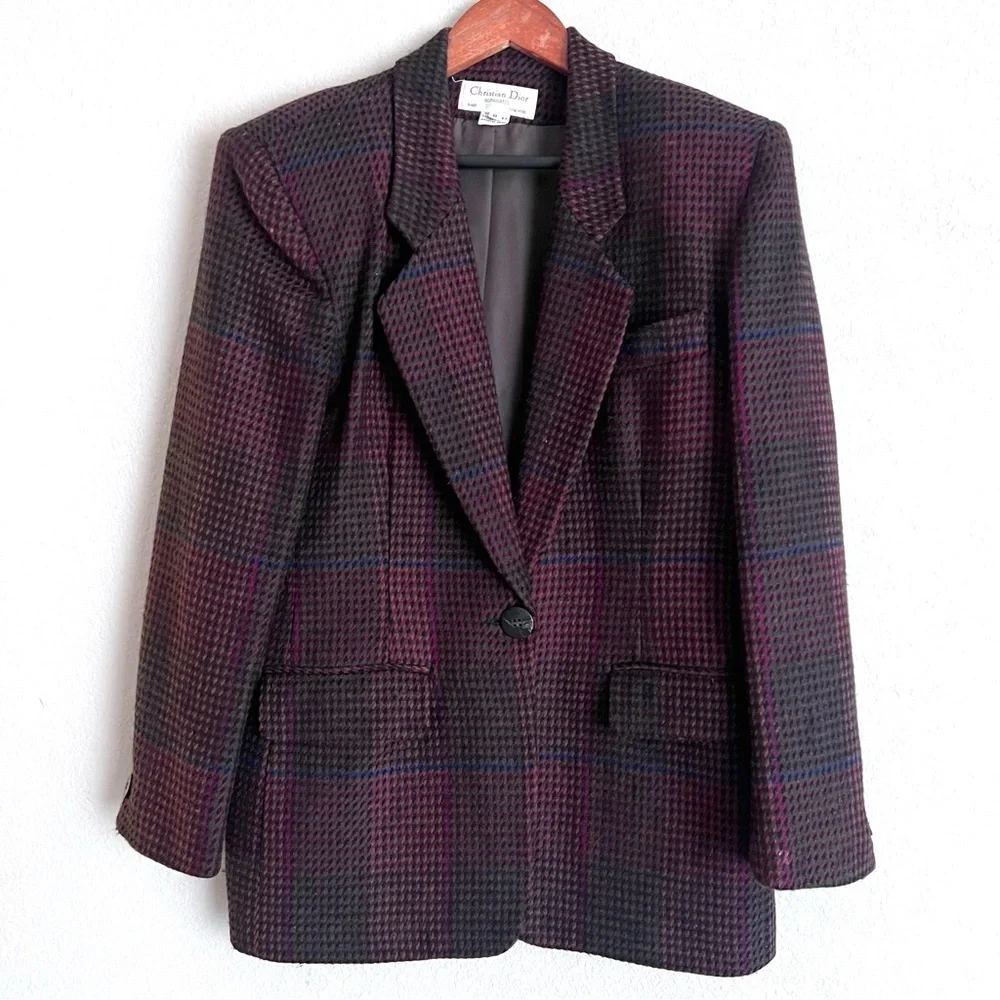 Vintage Christian Dior Women’s Wool Plaid Blazer Size 8 Dark Red